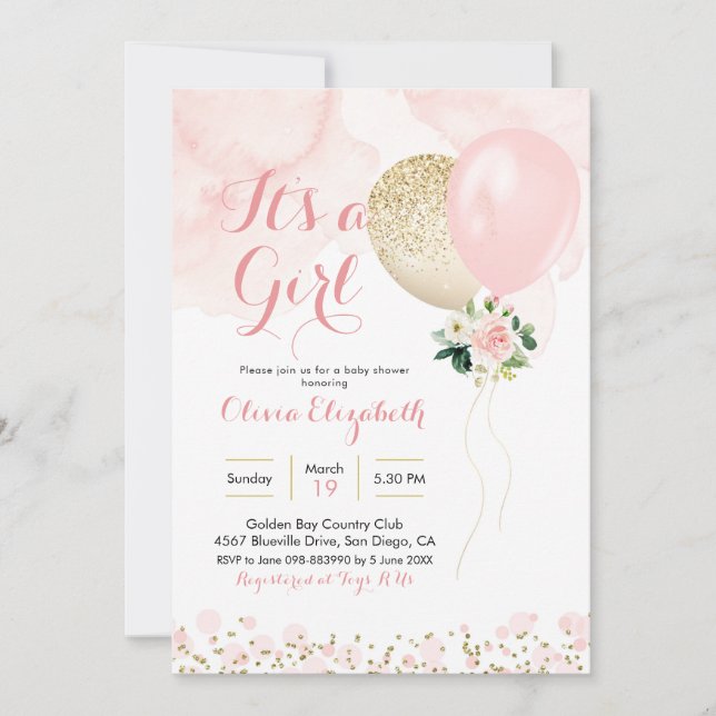 Pink and Gold Balloon Girl Baby Shower Invitation (Front)