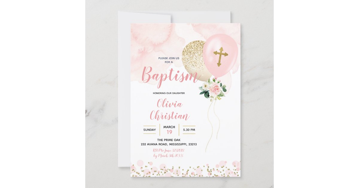 Pink and Gold Balloon Girl Baptism Invitation | Zazzle