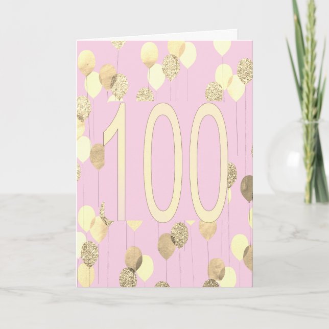 Pink and Gold Balloons 100th Birthday Card (Front)