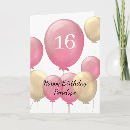 Pink and Gold Balloons 16th Birthday Card