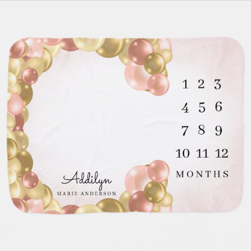 Pink and Gold Balloons Baby Milestone Growth Baby Blanket - This baby milestone blanket features a cute border of pink, gold and rose gold balloons. Personalize the fun monthly growth baby blanket with your child's name.