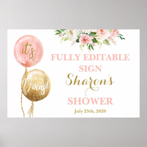 pink and gold balloons baby shower twin girls sign