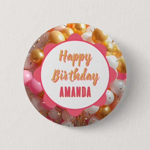 Pink and Gold Balloons | Happy Birthday  Button