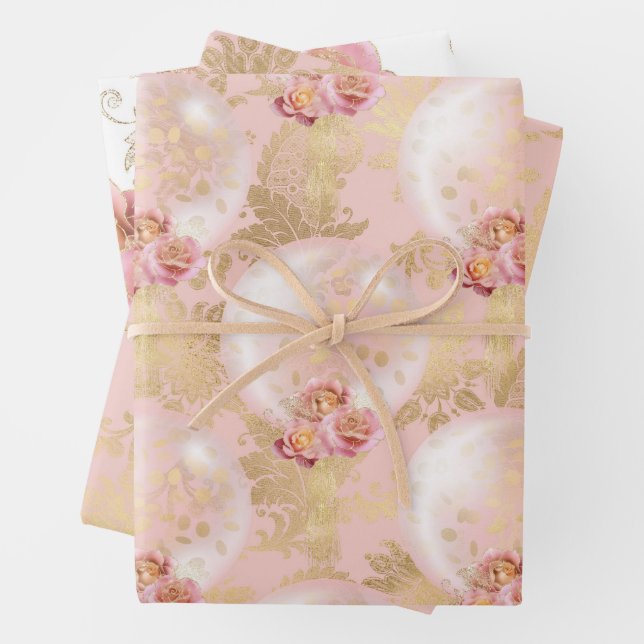 Pink and Gold Balloons Pattern Baby Girl Wrapping Paper Sheets (In situ)