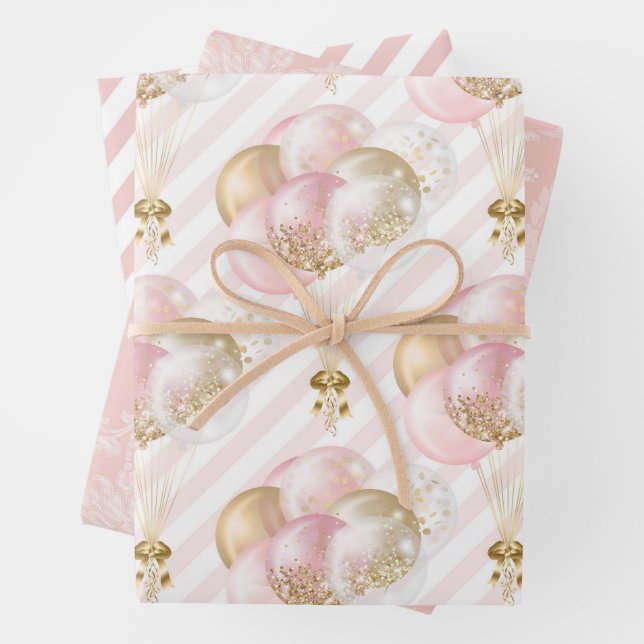 Pink and Gold Balloons Pattern Baby Girl Wrapping Paper Sheets (In situ)