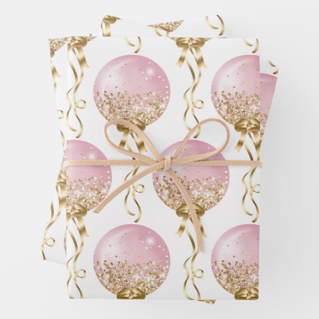 Pink and Gold Balloons Pattern Baby Girl Wrapping Paper Sheets (In situ)