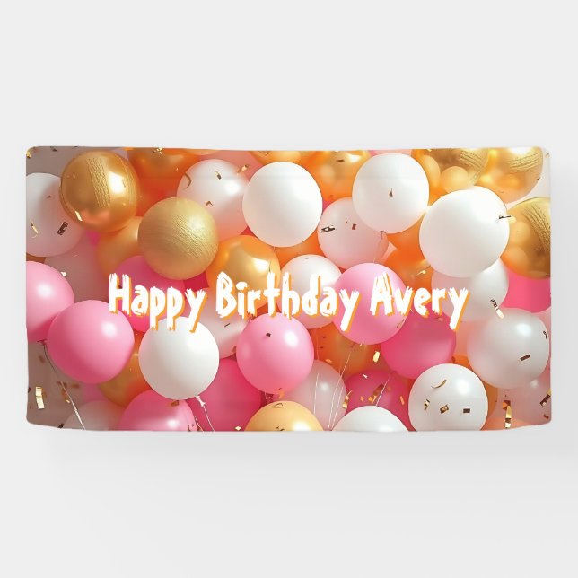 Pink and Gold Balloons | Personalized Birthday Banner (Horizontal)