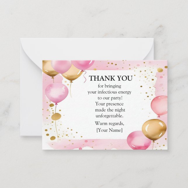 Pink and Gold Balloons Thank You Note Card (Front)