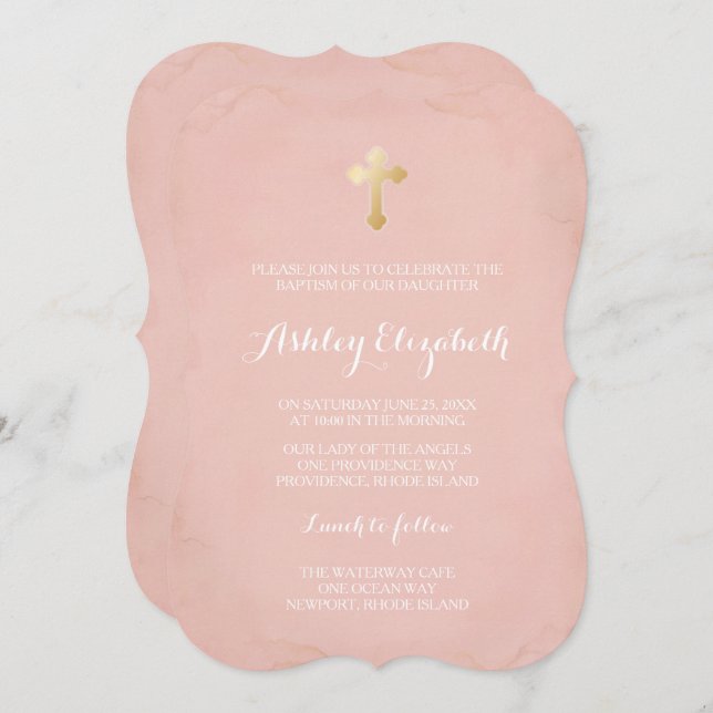 Pink and Gold Baptism Invitation ~ Faux Gold (Front/Back)