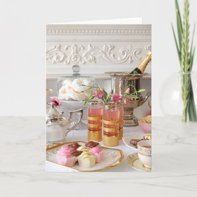 Pink and Gold Birthday Card, English Tea, Cake Card (Front)