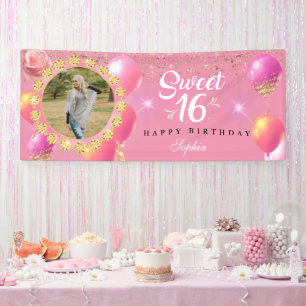Pink and Gold Birthday Girl sweet sixteen, custom Banner
