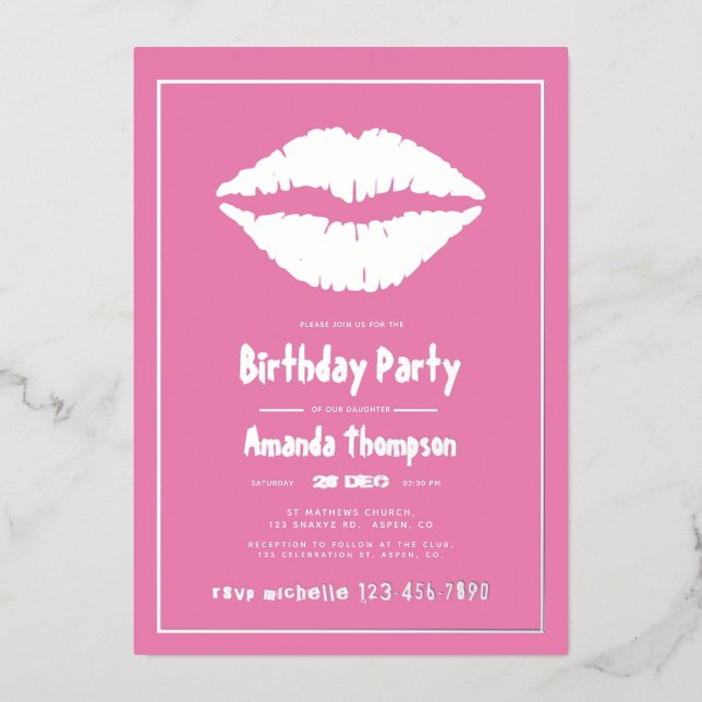 Pink and Gold Birthday Kiss Lips Foil Invitation (Front)