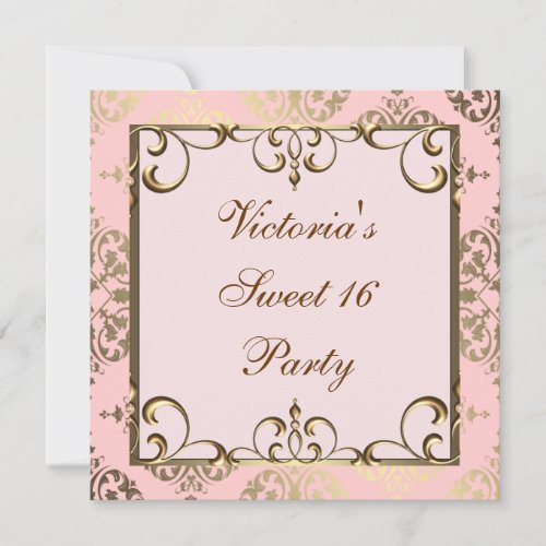 Gold Pink Damask Sweet 16 Birthday Party Invitation