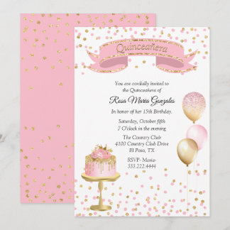 Pink and Gold Birthday Quinceañera Sweet 16 Invitation