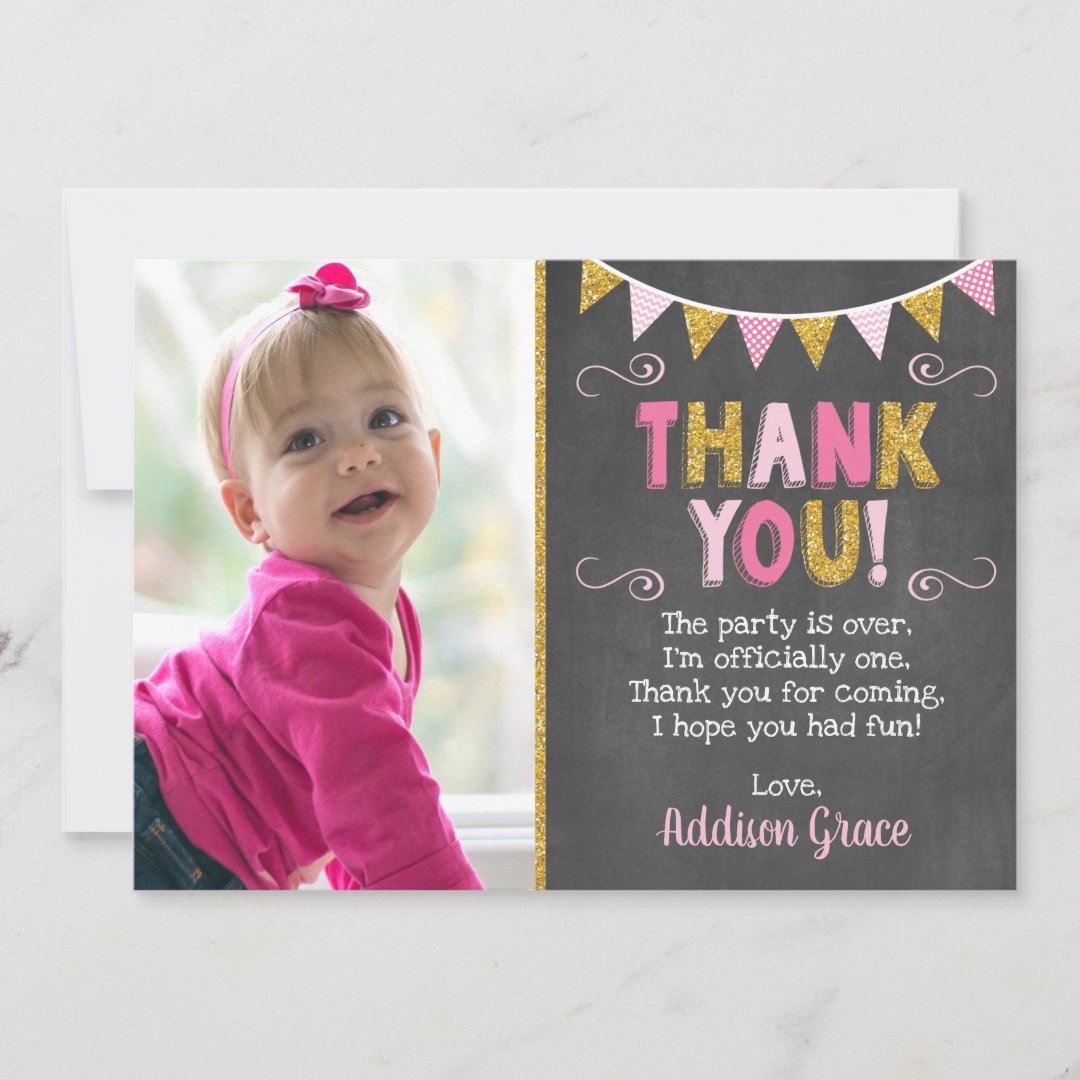 Pink and Gold Birthday Thank You Card | Chalkboard | Zazzle