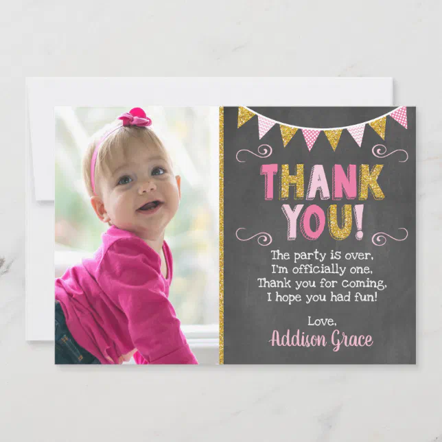 Pink and Gold Birthday Thank You Card | Chalkboard | Zazzle