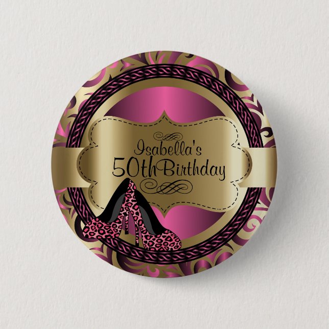 Pink and Gold Birthday with Leopard High Heels Button (Front)