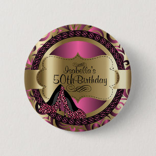 Pink and Gold Birthday with Leopard High Heels Button