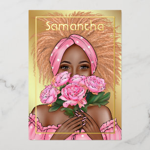 Pink and Gold Black Woman Birthday Party Foil Invitation