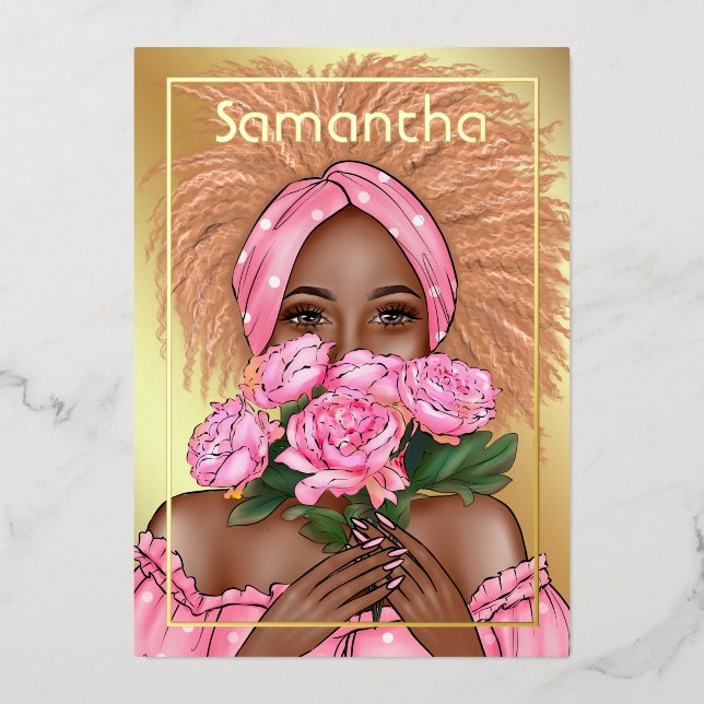 Pink and Gold Black Woman Birthday Party Foil Invitation (Front)