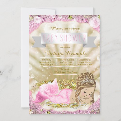 Pink and Gold Blonde Mermaid Baby Shower Invitation