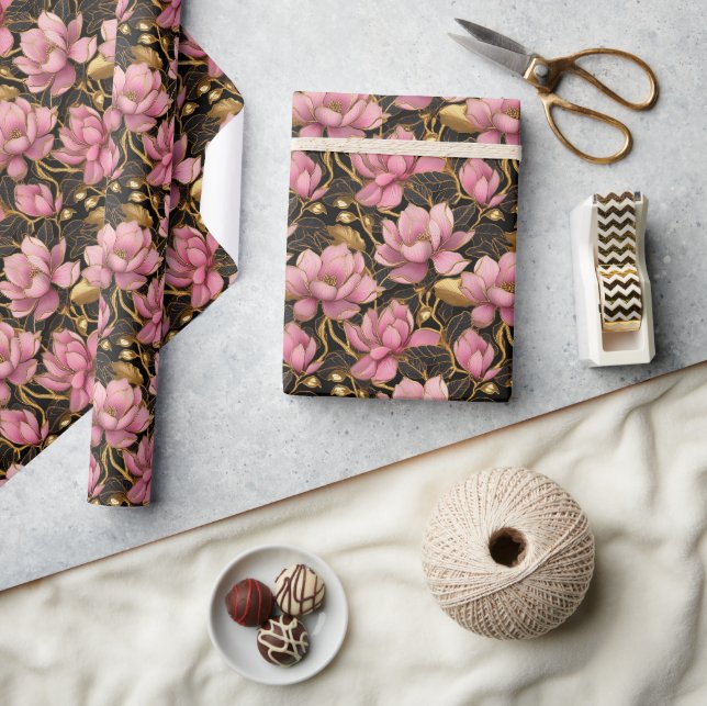 Pink and Gold Blooming Magnolia Flowers  Wrapping Paper (Crafts)