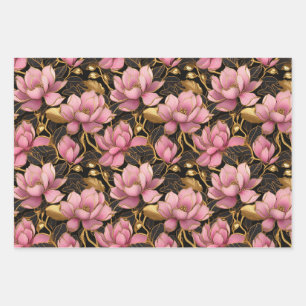 Pink and Gold Blooming Magnolia Flowers Wrapping Paper Sheets