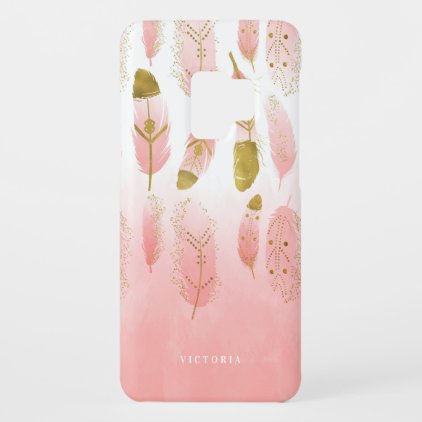 Pink and Gold Bohemian Feathers Ombre Case-Mate Samsung Galaxy S9 Case
