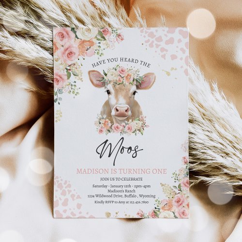 Pink And Gold Boho Florals Cow Birthday Party  Invitation