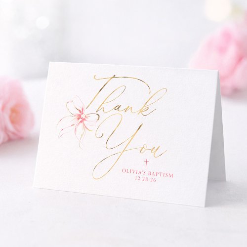 Pink and Gold Bow Baptism Thank You