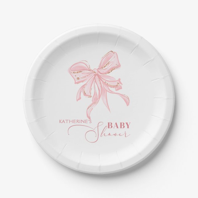 Pink and Gold Bow Chic Girl Baby Shower Paper Plates (Front)