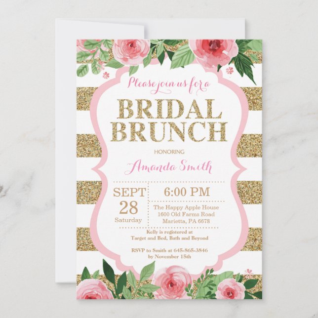 Pink and Gold Bridal Brunch Invitation Glitter (Front)