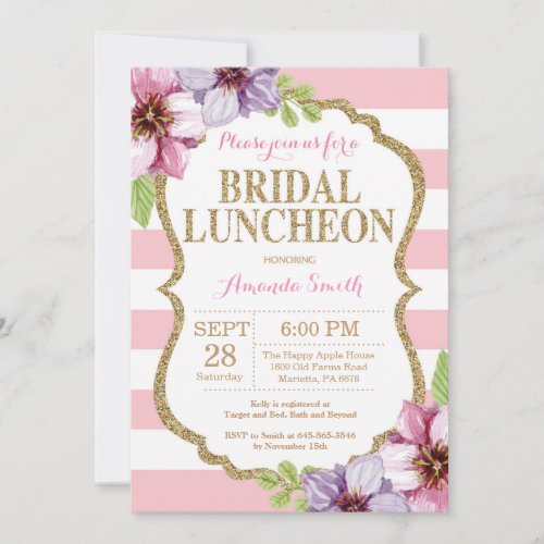 Pink and Gold Bridal Luncheon Invitation Floral