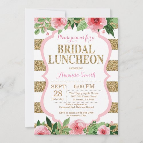 Pink and Gold Bridal Luncheon Invitation Glitter