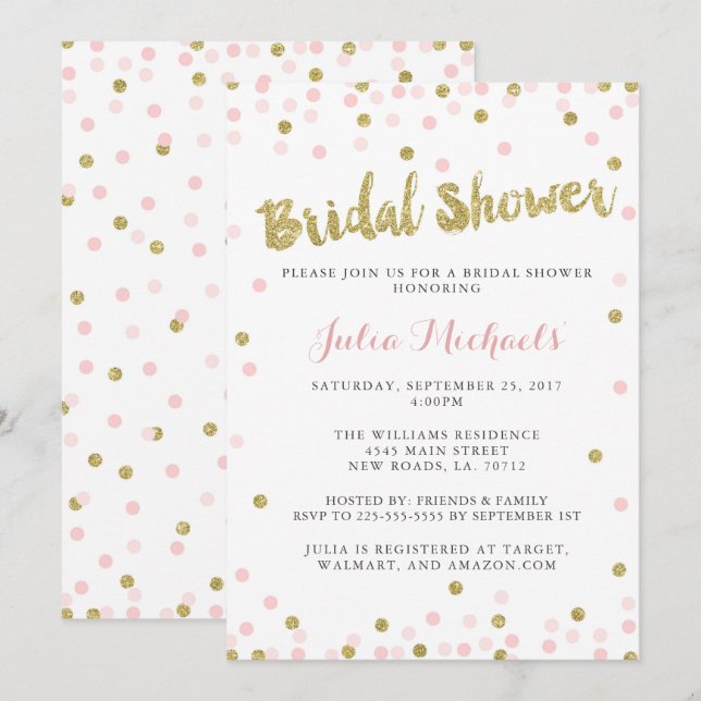Pink and Gold Bridal Shower Invitations (Front/Back)