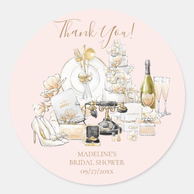 Pink and Gold Bridal Shower Thank You Classic Round Sticker (Front)