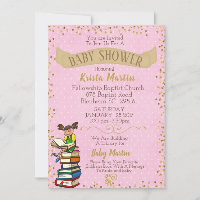 Pink and Gold Bring a Book Baby Shower Invitation (Front)