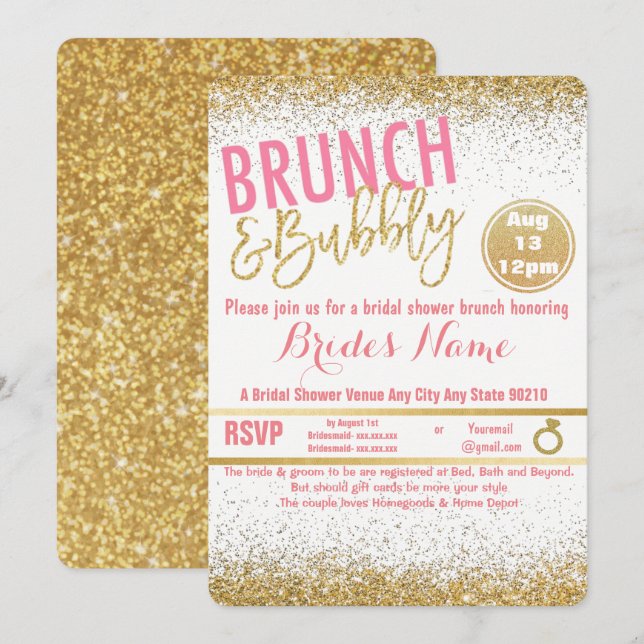Pink and Gold Brunch & Bubbly Bridal Shower Invitation (Front/Back)