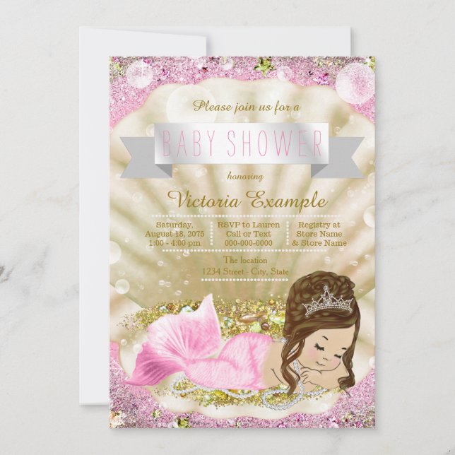 Pink and Gold Brunette Mermaid Baby Shower Invitation (Front)