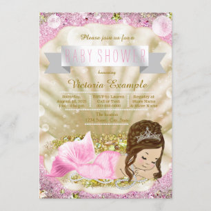 Pink and Gold Brunette Mermaid Baby Shower Invitation