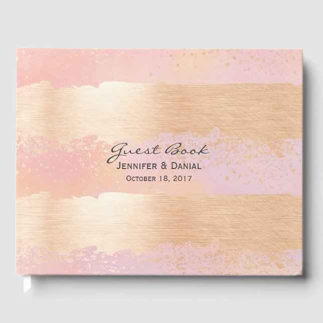 Pink and Gold Brush Strokes Wedding Guest Book (Front)