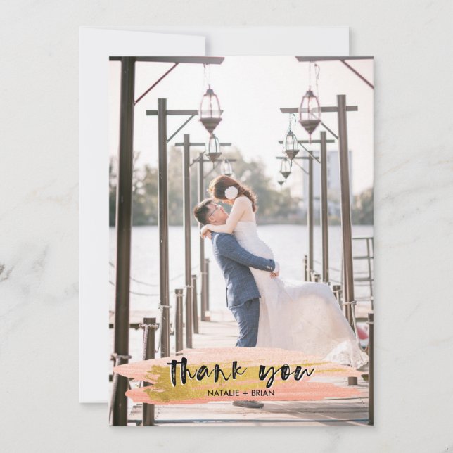 Pink and Gold Brushed Thank You 2 Photo Card (Front)