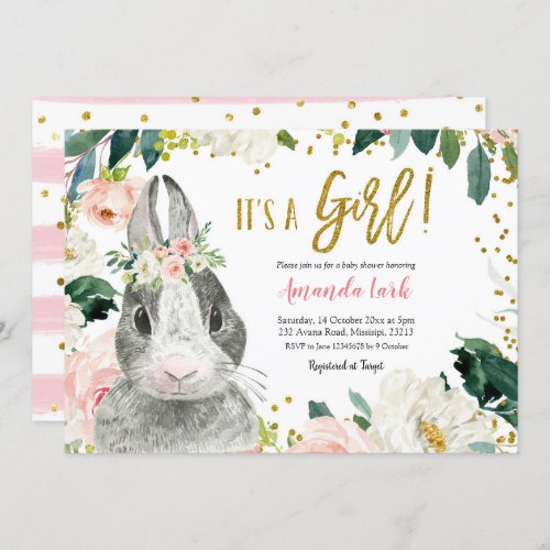 Pink and Gold Bunny Floral Baby Shower Invitation