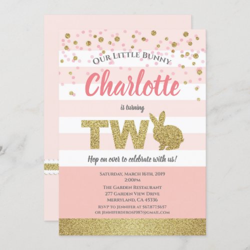 Pink and gold bunny girl 2nd birthday invitation