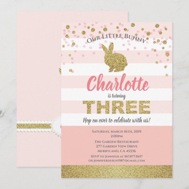 Pink and gold bunny girl 3rd birthday invitation (Front/Back)