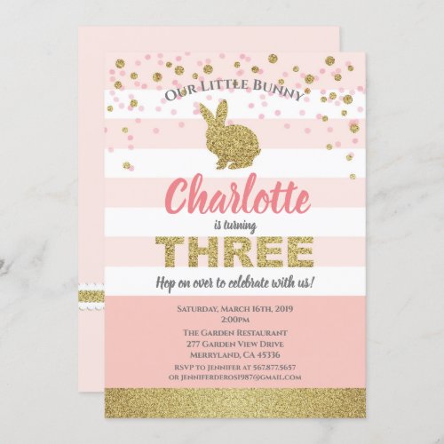 Pink and gold bunny girl 3rd birthday invitation