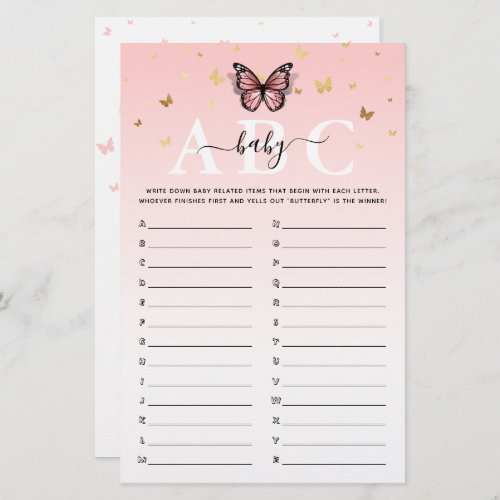 Pink and Gold Butterfly ABC Baby Shower Game