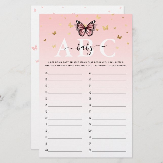Pink and Gold Butterfly ABC Baby Shower Game (Front/Back)