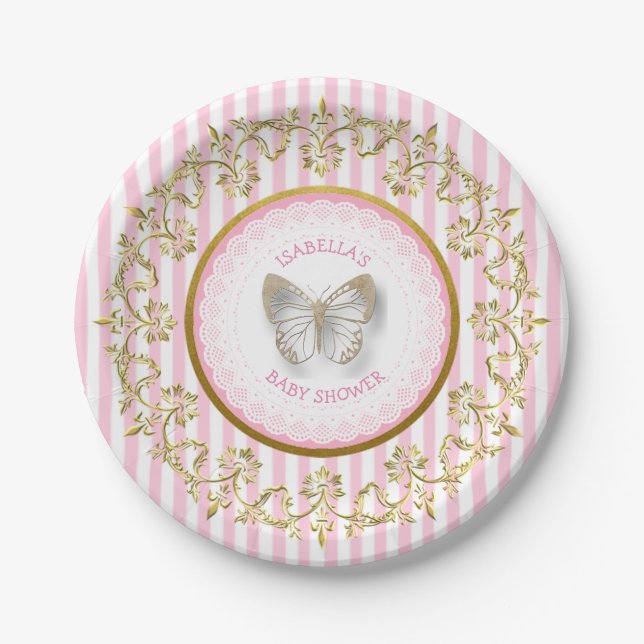 Pink and Gold Butterfly Baby Shower Plates (Front)