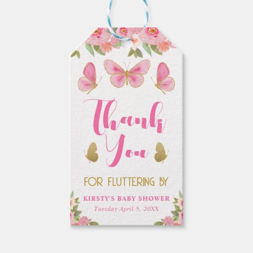 Pink and Gold Butterfly Floral Girl Baby Shower Gift Tags